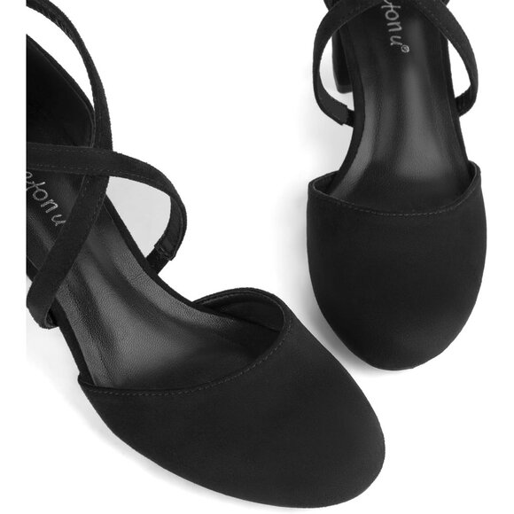 Women's Black Pu Synthetic Round Toe Cross Strap Low Block Heeled Dress Pumps - Picture 4 of 6